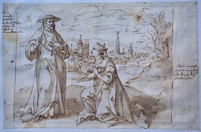 Hendrick De Clerck, Bruxella knielt voor aartshertog Albrecht © Kunstsammlungen der Fürsten zu Waldburg Wolfegg