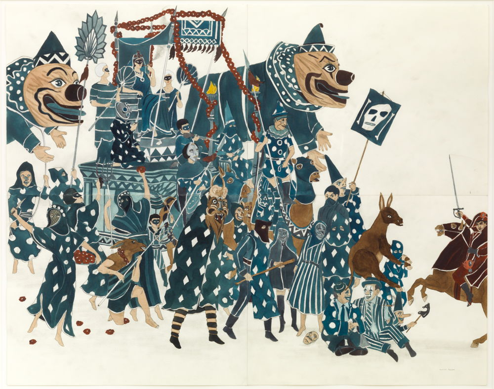 MARCEL DZAMA, The carnaval blues, 2014. Watercolor, gouache, and graphite on paper, 4 part work. 55,9 x 71,1 cm. Courtesy Tim Van Laere Gallery, Antwerp