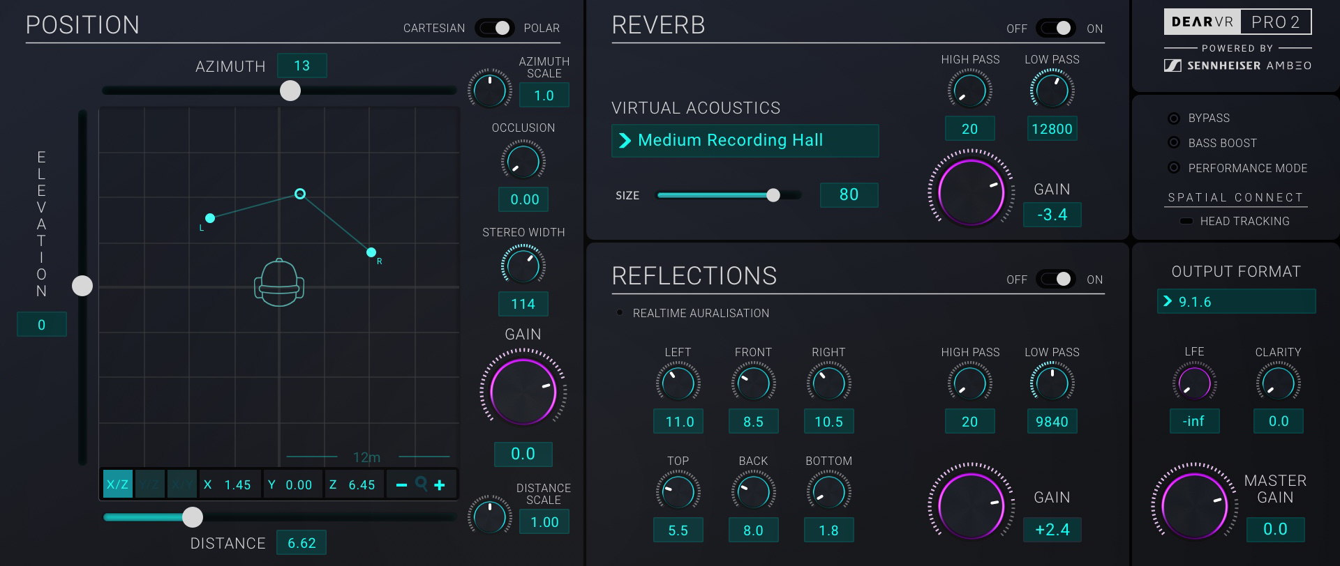 L’interface graphique dearVR PRO 2 avec positionnement XYZ, premières réflexions, queue de réverb et formats de sortie L’interface graphique dearVR PRO 2 avec positionnement XYZ, premières réflexions, queue de réverb et formats de sortie