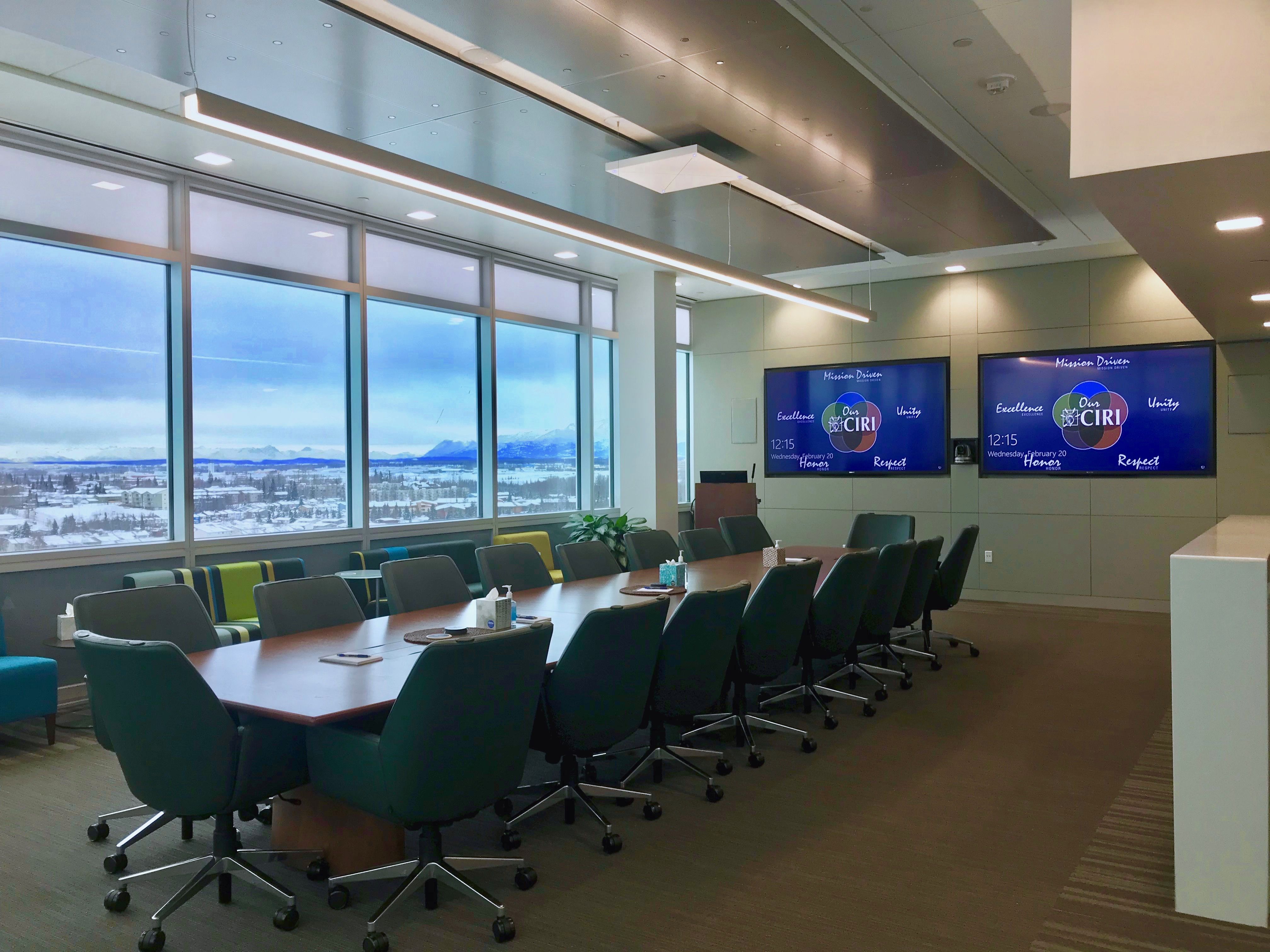 CIRI’s executive boardroom located on the eighth floor of the Fireweed Business Center in Anchorage, Alaska, featuring the Sennheiser TeamConnect Ceiling microphone