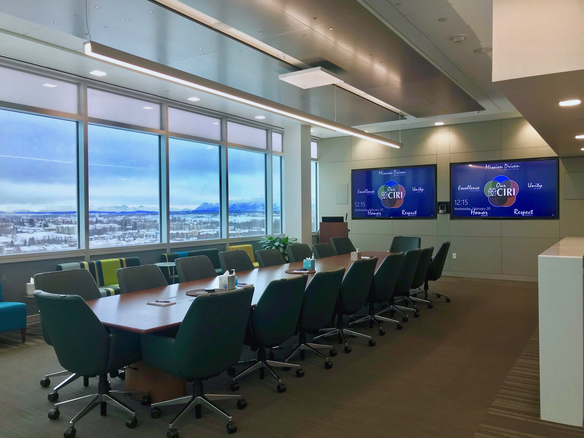 CIRI’s executive boardroom located on the eighth floor of the Fireweed Business Center in Anchorage, Alaska, featuring the Sennheiser TeamConnect Ceiling microphone