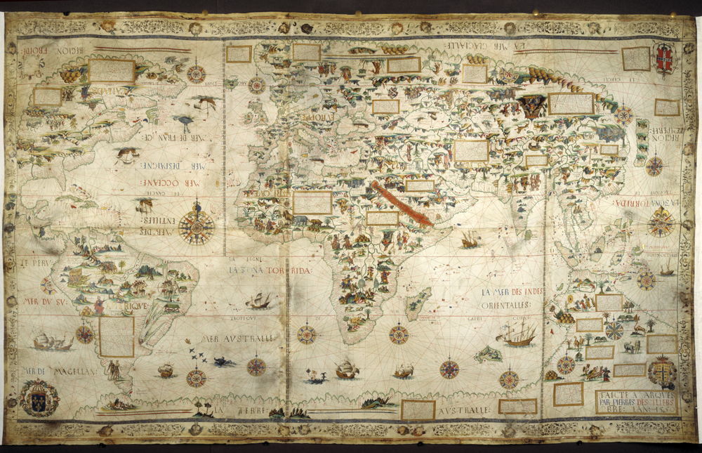 Op zoek naar Utopia © Pierre Desceliers, Mappamundi (Wereldkaart), 1550. British Library, Londen