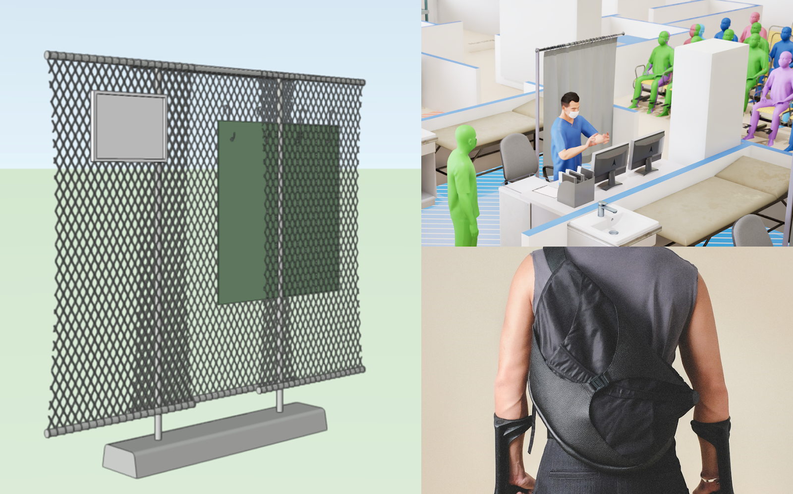 Clockwise from left: Oku Screen by Sacha Leong (Nice Projects), Digital Twin for A&E by FARM, Vouse and Changi General Hospital and Wishbone Bag by Claudia Poh (Werable). Photos courtesy of respective designers. Clockwise from left: Oku Screen by Sacha Leong (Nice Projects), Digital Twin for A&E by FARM, Vouse and Changi General Hospital and Wishbone Bag by Claudia Poh (Werable). Photos courtesy of respective designers.