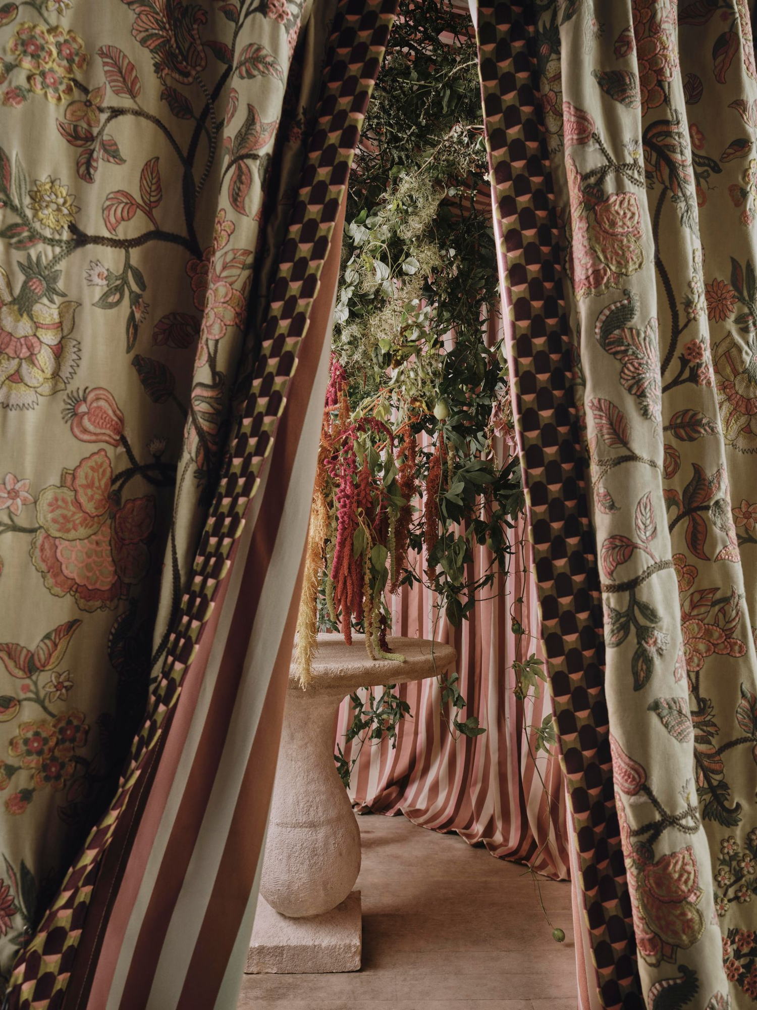 Palampore Embroidery - Lacquer; Obi Check - Brinjal; Arlo Stripe - Lacquer, Botanical Atlas  (Photographer: Christopher Horwood) 