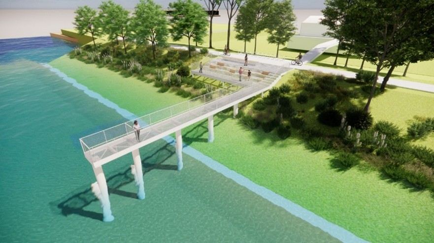 Dijkmodule ‘Het Scheldestrand’. Ter hoogte van restaurant Den Amandus daalt een platform af naar het water.