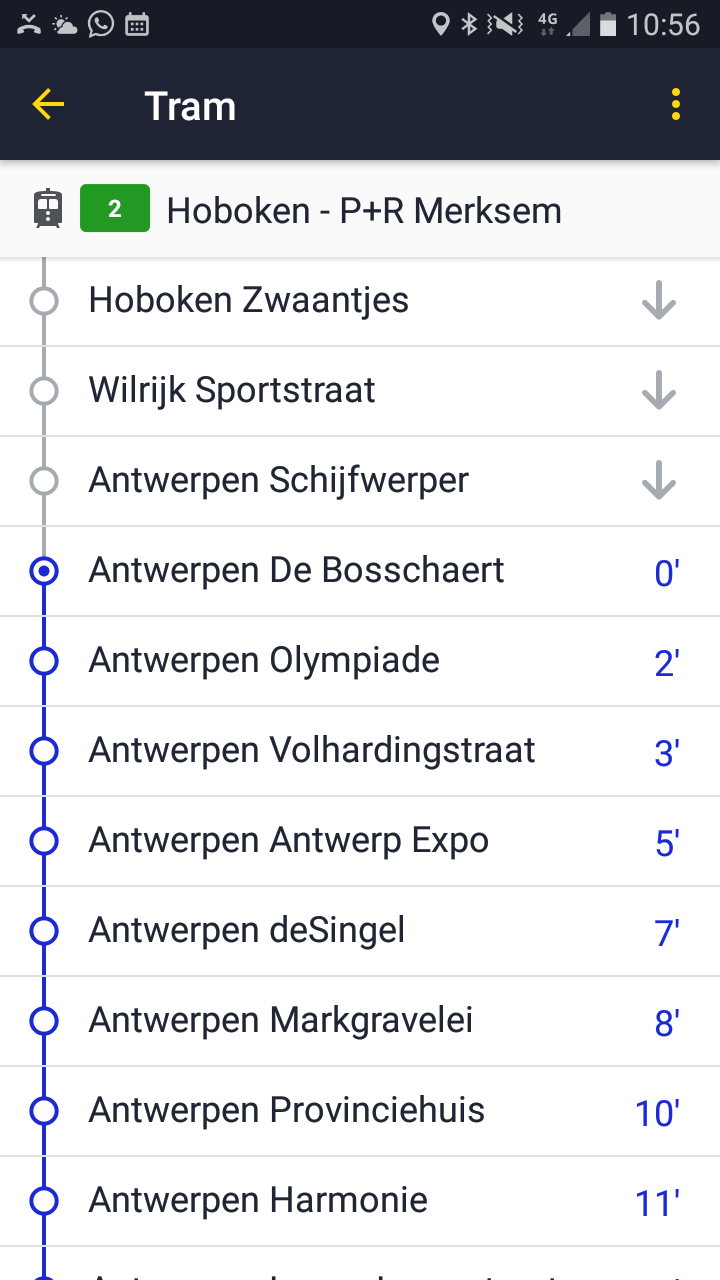 De vernieuwde realtime info in de app van De Lijn.