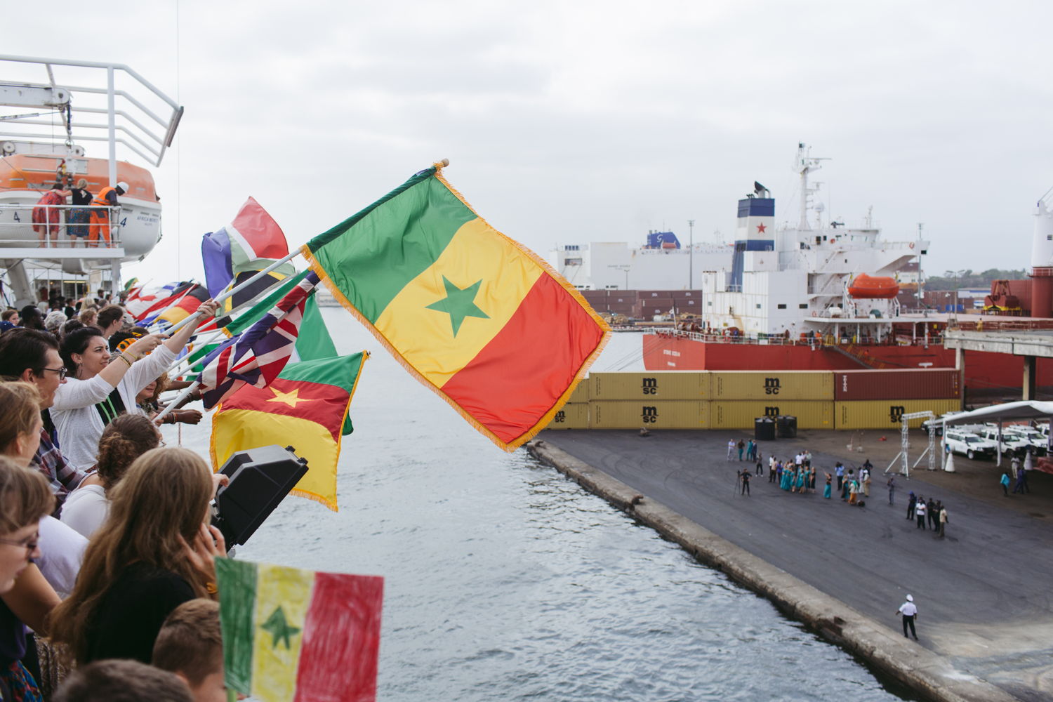 The Africa Mercy, the worlds' largest charity run hospital ship, arrives at the port of Dakar, Senegal.