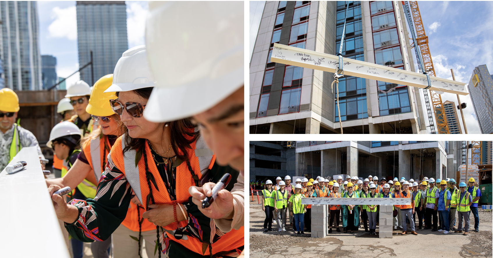 Members of the Ward Village and HDCC teams sign the final steel beam before lifting it into place at Ulana Ward Village.