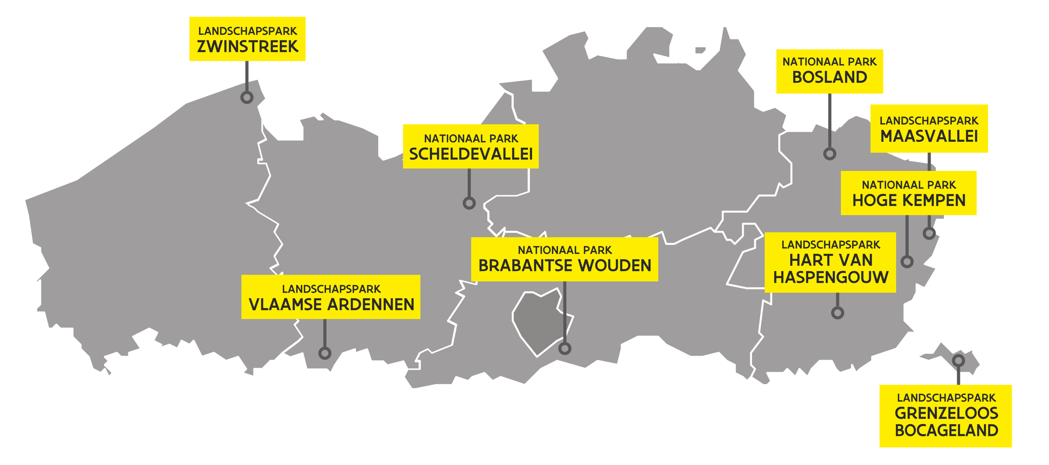 Kaart van Vlaanderen met de negen erkende Vlaamse Parken Kaart van Vlaanderen met de negen erkende Vlaamse Parken