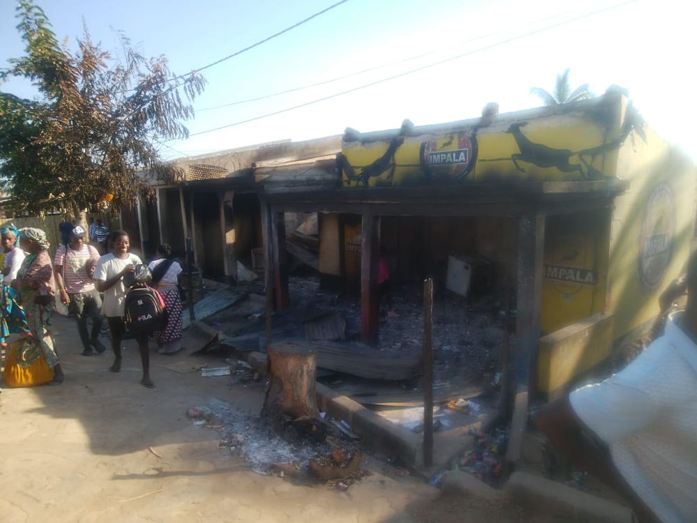 Burned out and pillaged shops on the Macomia main street after the attack by an armed group on 28 May 2020.  Thousands fled the northern town, hiding in the bush for nearly two days.  The Health Center where MSF worked was burned, further jeopardizing the populations’ access to medical care in Cabo Del Gado Province. Photographer: MSF
