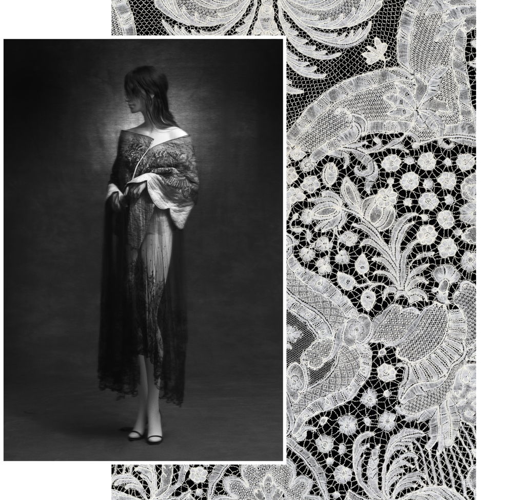 Left: Olivier Theyskens, stole in vintage check and quilted cotton, and vintage Chantilly lace, Autumn–Winter 1998–99, MoMu, Antwerp, inv. X831, © Photo: Julien Claessens & Thomas Deschamps, MoMu Antwerp Right: Coverlet in bobbin lace (detail), Brussels type, drochel net, bar ground and decorative fillings, linen, Brussels region, Southern Netherlands, 1750–60, MoMu, Antwerp, long-term loan from King Baudouin Foundation, inv. B15/16, © Photo: Stany Dederen, MoMu Antwerp