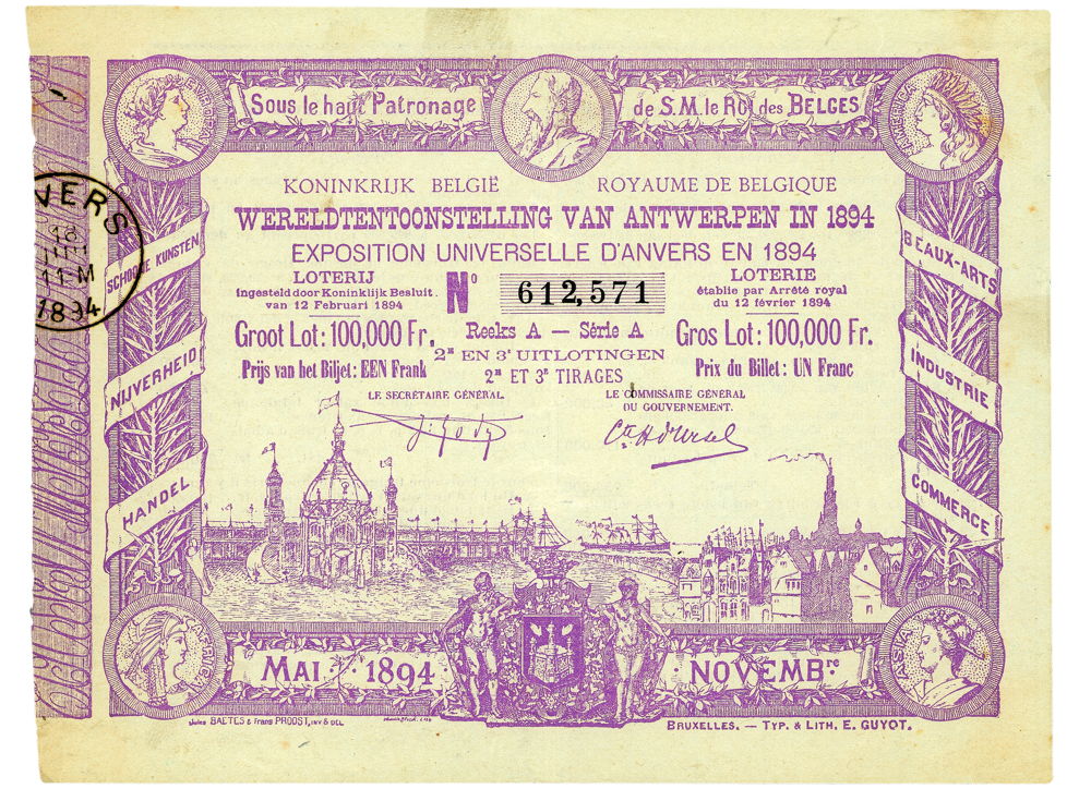 Loterijbiljet in de context van de wereldtentoonstelling in Antwerpen, 1894 © Collectie Nationale Loterij. Foto: Jean-Luc Tillière