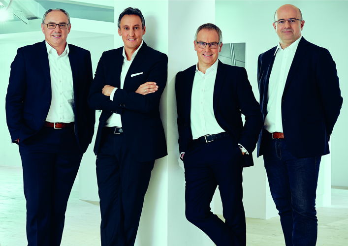 The Hansgrohe Group executive board: Frank Semling, Hans Jürgen Kalmbach (Chairman), Reinhard Mayer (Deputy Chairman), Christophe Gourlan (left to right)