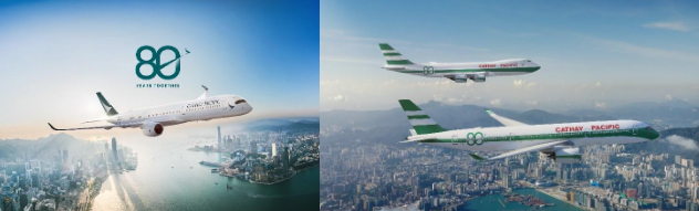 Cathay Pacific organizará una serie de eventos especiales, iniciativas y actividades a lo largo de 2026 con motivo de su 80º aniversario, todos bajo el lema ‘80 Years Together’. La emblemática decoración ‘lettuce leaf sandwich’ (sándwich de lechuga), recuperada para uno de los aviones de pasajeros Airbus A350 de Cathay Pacific, que rinde al popular diseño de rayas verdes y blancas de la aerolínea. 