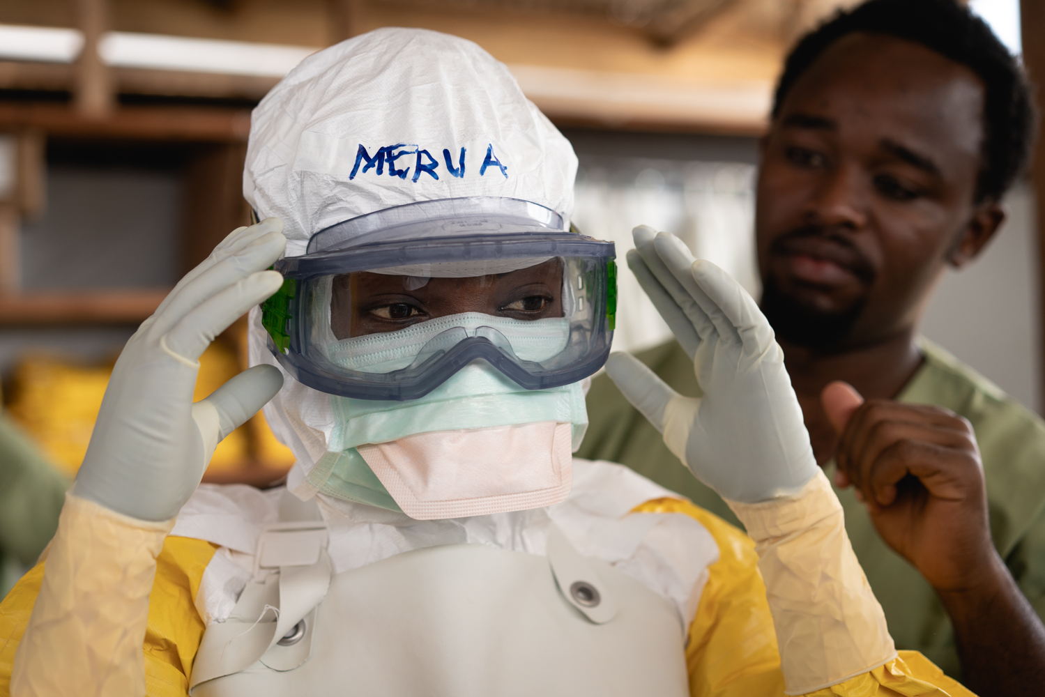 MSF staff at the Beni transit centre get ready for their round in the high risk area, December 2018. Credit 
Gabriele François Casini/MSF