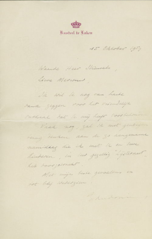 Bedankingsbrief van koning Boudewijn, 15 oktober 1959