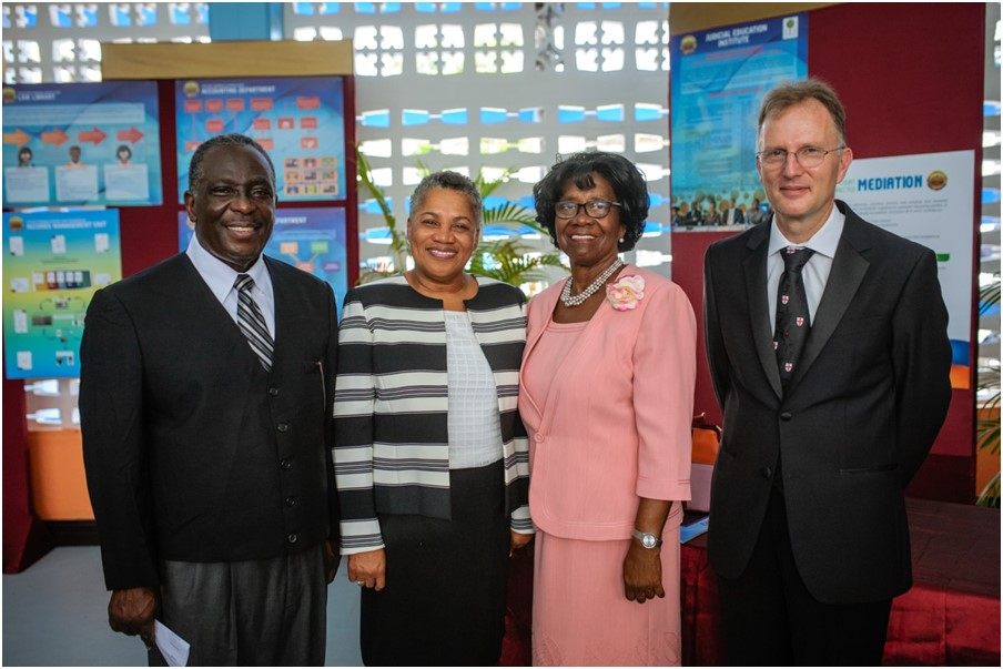 Pictured from L-R are: His Lordship the Hon. Justice K. Neville Adderley (High Court Judge (Ag), TVI Commercial Division), Her Ladyship the Hon. Dame Janice M. Pereira DBE, Chief Justice, Her Excellency Dame Calliopa Pearlette Louisy, Governor General of Saint Lucia and His Lordship the Hon. Justice Gerard Wallbank, (High Court Judge (Ag), TVI Commercial Division).