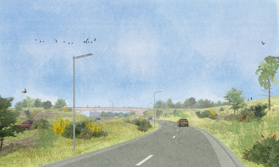 Toekomstbeeld van de verlengde Leien, met zicht op de Singelbrug. © Ontwerpteam Ringpark Zuid