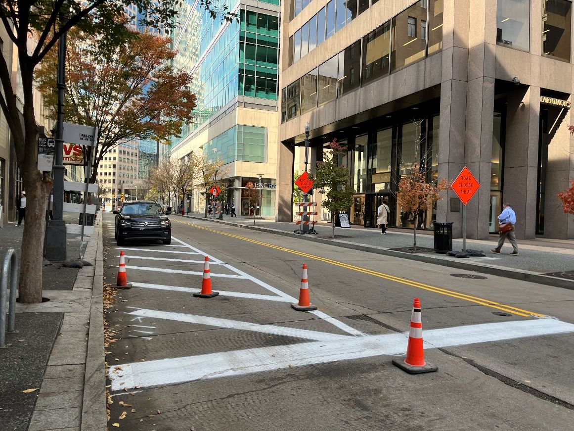 New roadway paint recently placed on Fifth Avenue