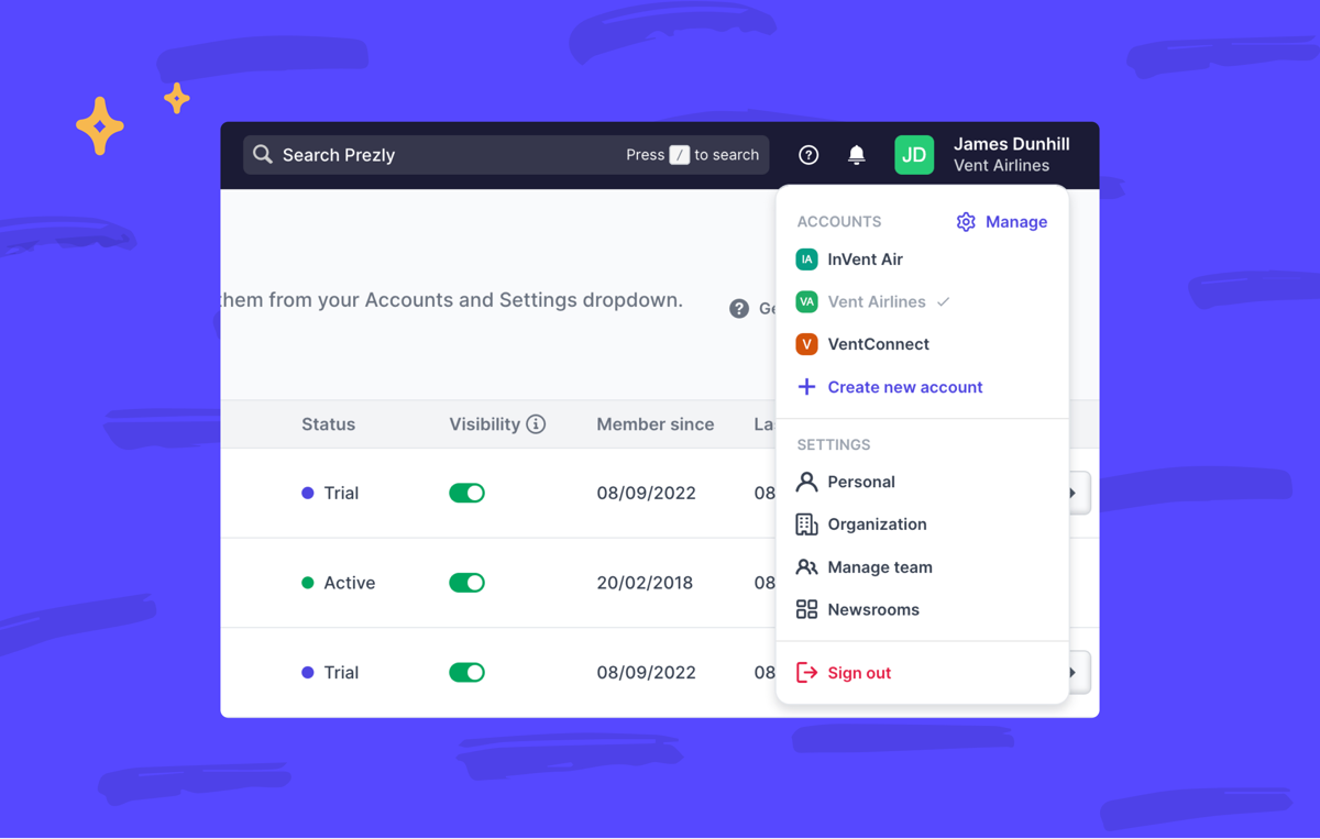 Manage multiple Prezly accounts