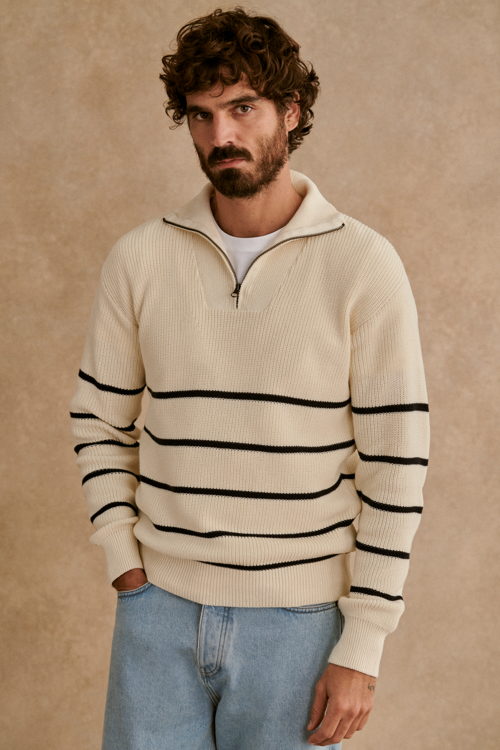 Octobre Editions - Pull Marlon ecru Rayures Marine - 120€
