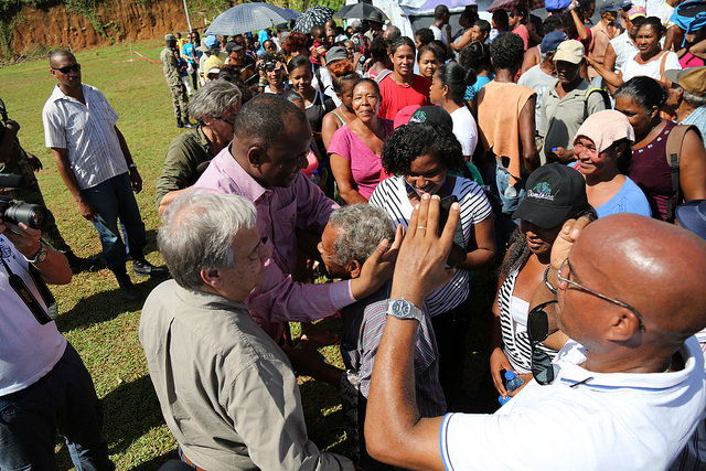 UN Secretary-General and Prime Minister of Dominica greet residents of the Kalinago Territory.