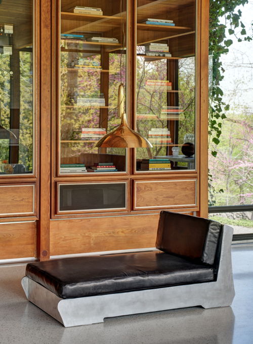 At The Luss House: Blum & Poe, Mendes Wood DM and Object & Thing. The Gerald Luss House, Ossining, New York. Photo by Michael Biondo. Work pictured: Green River Project LLC, Aluminum and Leather Lounge Chair (2021).