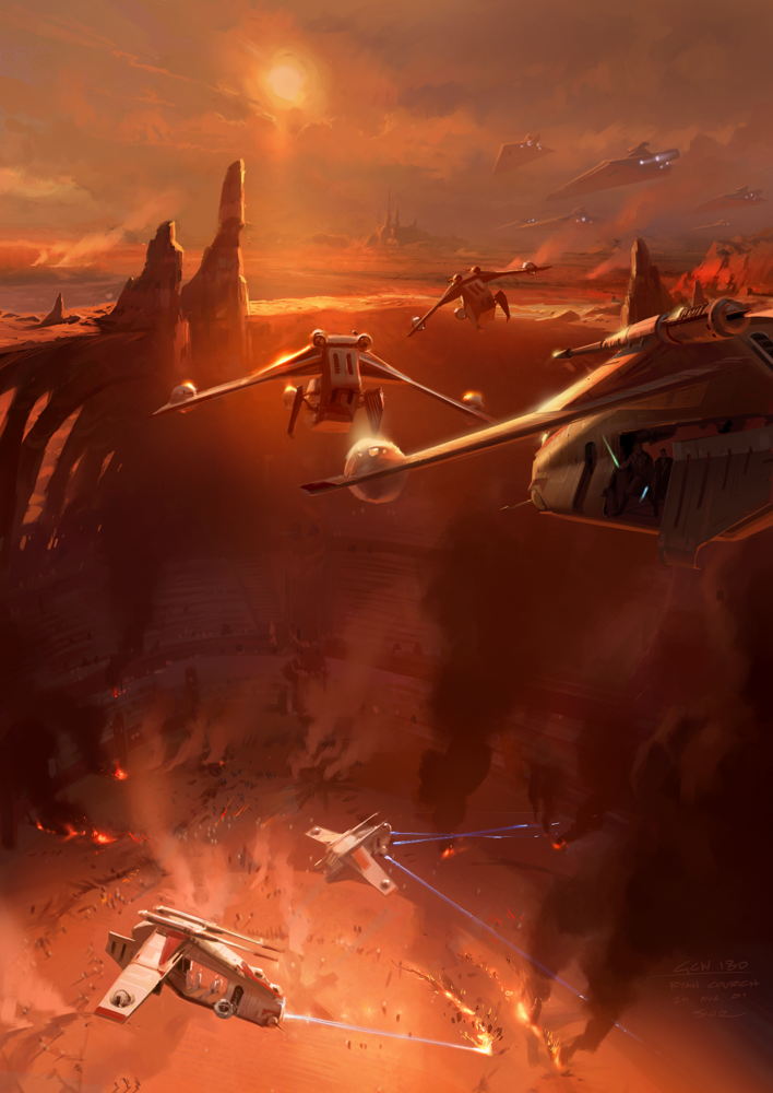 ‘Republic Attack Gunships on Geonosis’, Star Wars: Attack of the Clones (2002), digital concept art, Ryan Church © Lucas Museum of Narrative Art, Los Angeles