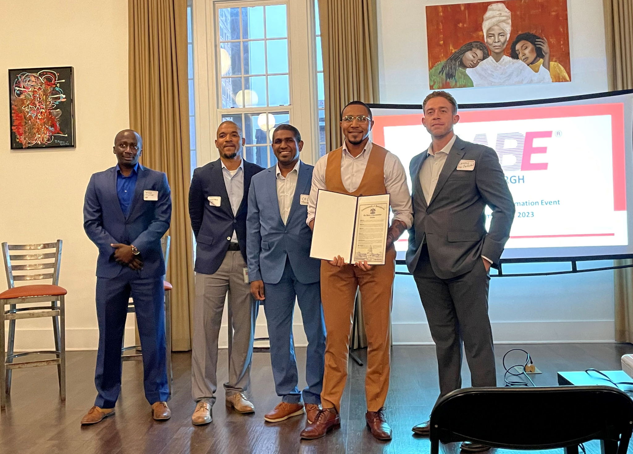 From Left: DLC's Arthur Chileshe, Samson Horne, Deo Alexander, Pennsylvania state Rep. Aerion Abney, and DLC's Jeremy Castrodad. Abney presented a proclamation from the Pennsylvania House Democratic Caucus to the AABE-Pittsburgh chapter for its efforts to restore the Black professional networking group in the region. (September 28, 2023)