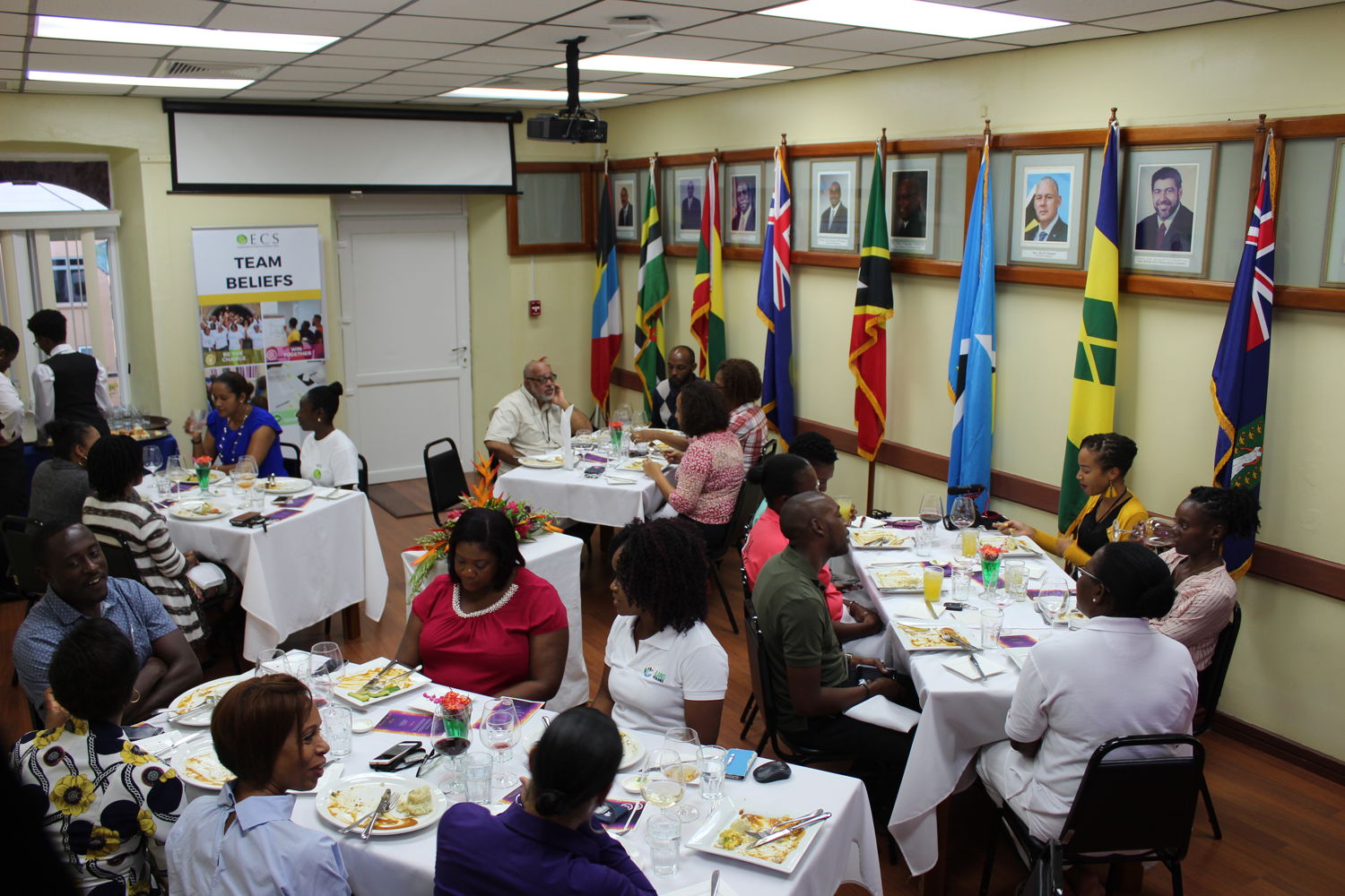 Winners team of the OECS team building having lunch along with the OECS Leadership team and other staff who participated in the set up of the event at Pigeon Island National Landmark, Saint Lucia. © Garfield Charles
