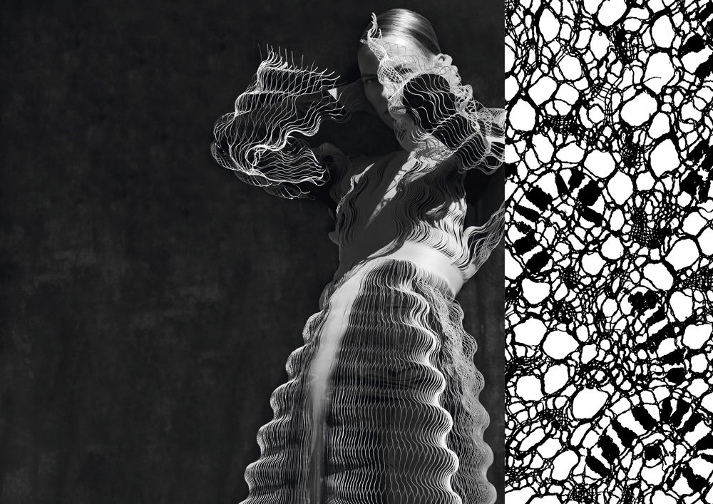 Iris van Herpen, in collaboration with Philip Beesley, Glitch dress in laser-cut Mylar® fabric, In Between the Lines couture collection, Spring–Summer 2017, Model: Elza Matiz, © Photo: Sølve Sundsbø / Art + Commerce