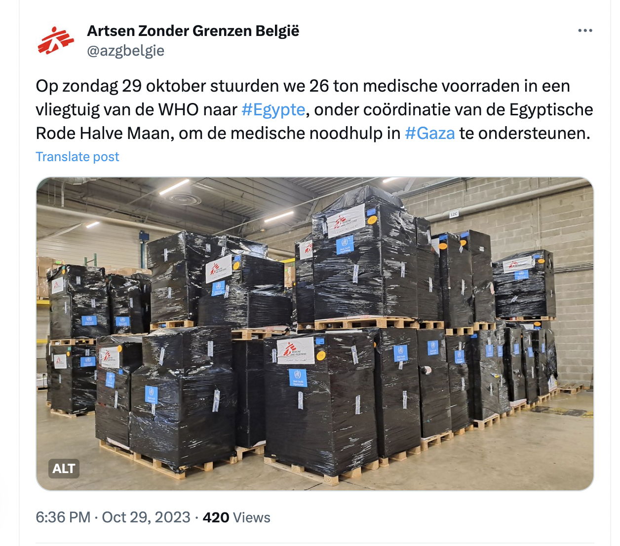 "On Sunday, October 29, we sent 26 tonnes of medical supplies on a WHO plane to #Egypt, coordinated by the Egyptian Red Crescent, to support the emergency medical response in #Gaza"