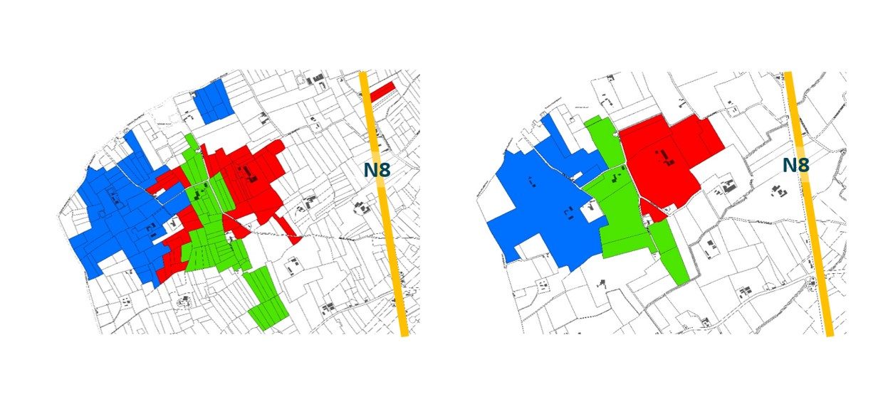 Landbouwpercelen voor en na herverkaveling: de nieuwe percelen zijn groter, meer aaneengesloten, regelmatiger van vorm, beter toegankelijk en liggen dichter bij de boerderijen Landbouwpercelen voor en na herverkaveling: de nieuwe percelen zijn groter, meer aaneengesloten, regelmatiger van vorm, beter toegankelijk en liggen dichter bij de boerderijen