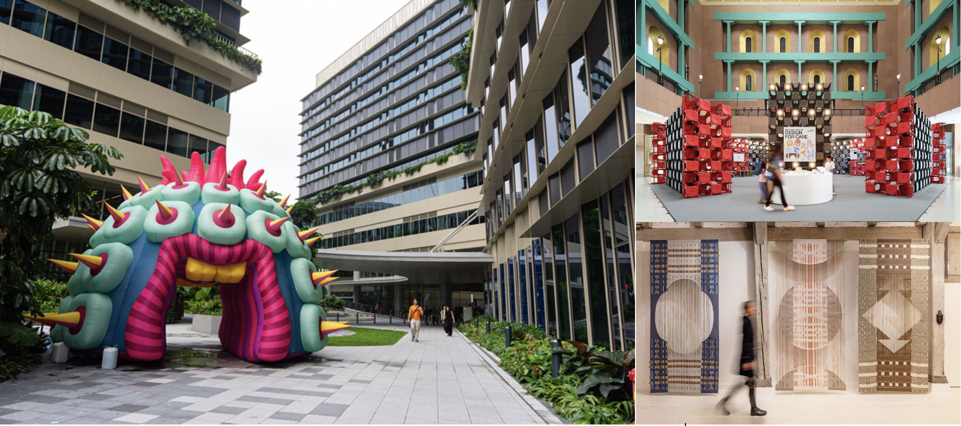 Clockwise from left: Strange Terrains by Nimble Mystic around Singapore Science Park, Care Pavilion at Millenia Walk, Samuri Spirit by Amy Lewis for EMERGE@FIND. Photos courtesy of the respective designers.