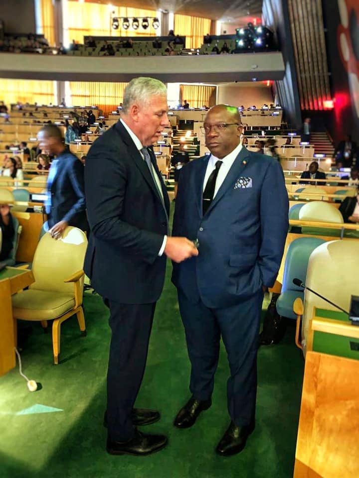 Prime Minister Timothy Harris and Prime Minister Allen Chastanet of Saint Lucia hold a brief discussion at the United Nations 2019 Climate Action Summit in New York.