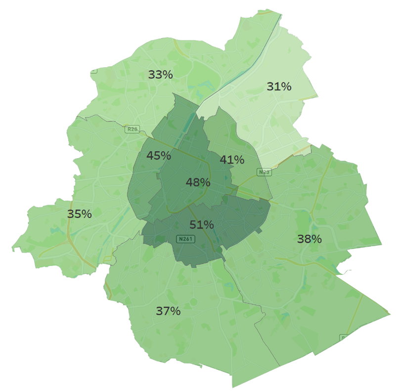 Modaal aandeel van stappen voor verplaatsingen binnen het Brussels Hoofdstedelijk gewest (enquête verplaatsingsgedrag 2021-2022)