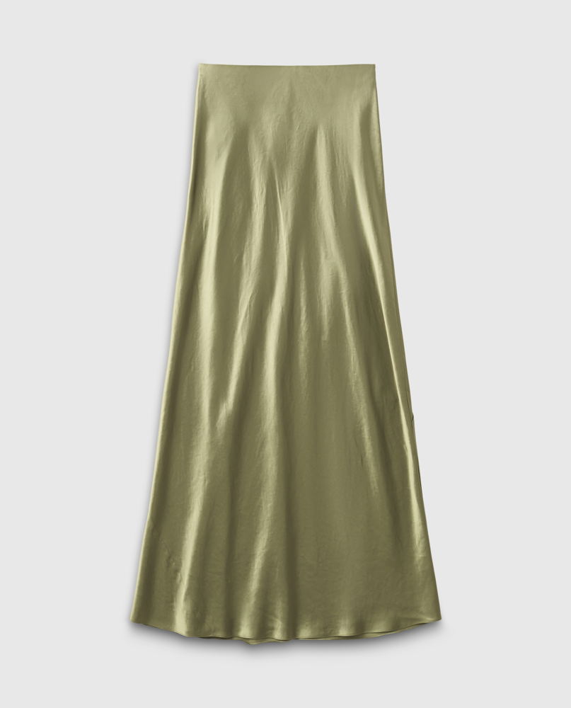 look 3. VINCE_PRESPRING24_V010430916, SATIN MAXI SKIRT, ARTICHOKE_415euro