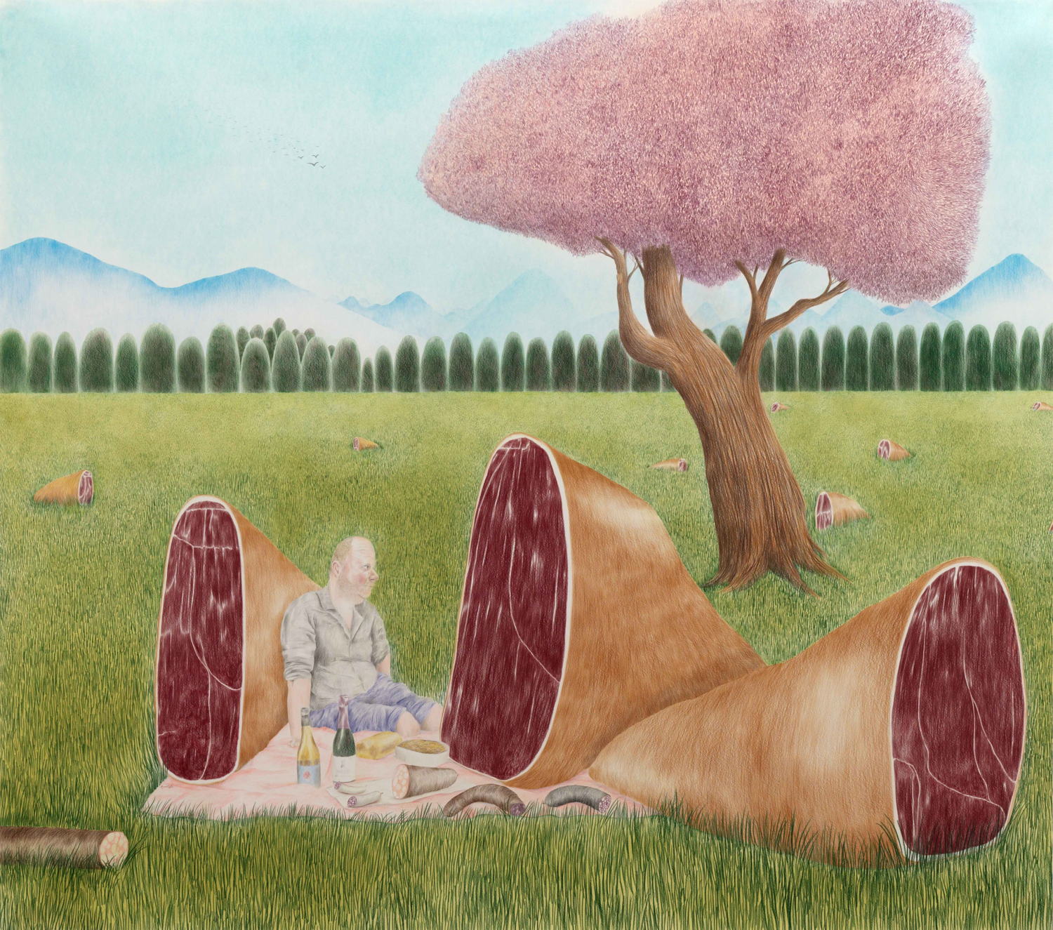 DENNIS TYFUS, Network of Friends, 2023. Colored pencil and pigment on paper; 176,5 c 200 cm. Courtesy Tim Van Laere Gallery, Antwerp-Rome