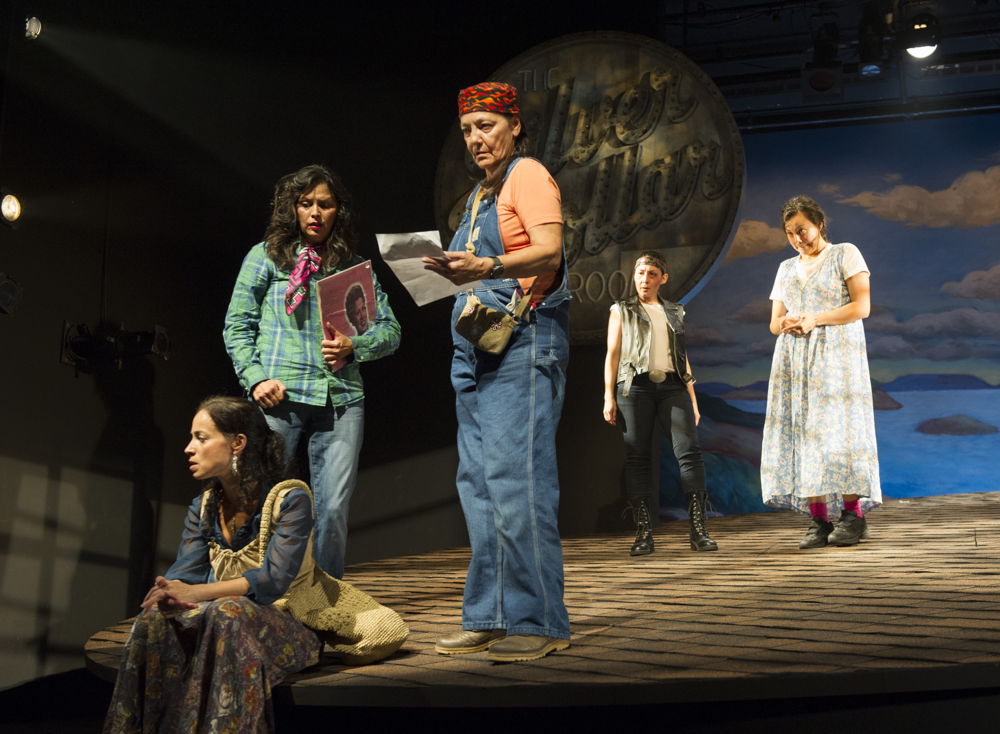 Tasha Faye Evans (as Marie Adele Starblanket), Lisa C. Ravensbergen (as Annie Cook), Reneltta Arluk (as Emily Dictionary), Tantoo Cardinal (as Pelajia Patchnose), and Tiffany Ayalik (as Zhaboonigan Peterson) in The Rez Sisters by Tomson Highway / Photos by David Cooper / <a href="http://www.belfry.bc.ca/the-rez-sisters/" rel="nofollow">www.belfry.bc.ca/the-rez-sisters/</a>