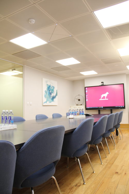The TeamConnect Ceiling installation in the GP Bullhound offices hides 29 individual omnidirectional microphone capsules installed in an aesthetically pleasing, flushmounted ceiling unit.