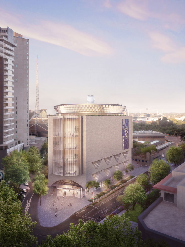 Dusk render of winning concept design for NGV Contemporary by Angelo Candalepas and Associates, viewed from the corner of Southbank Boulevard and Kavanagh Street . Render by Darcstudio. Dusk render of winning concept design for NGV Contemporary by Angelo Candalepas and Associates, viewed from the corner of Southbank Boulevard and Kavanagh Street . Render by Darcstudio.