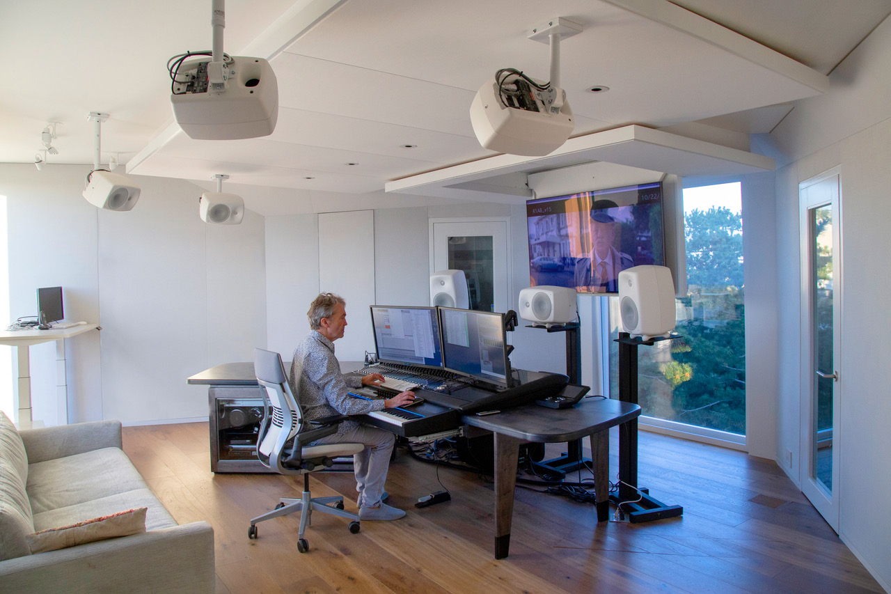Carter Burwell at composing/mixing position in his new 'The Body' Studio. Not motorized 65" flat screen in viewing position from "flip-down" ceiling mount. Carter Burwell at composing/mixing position in his new 'The Body' Studio. Not motorized 65" flat screen in viewing position from "flip-down" ceiling mount.