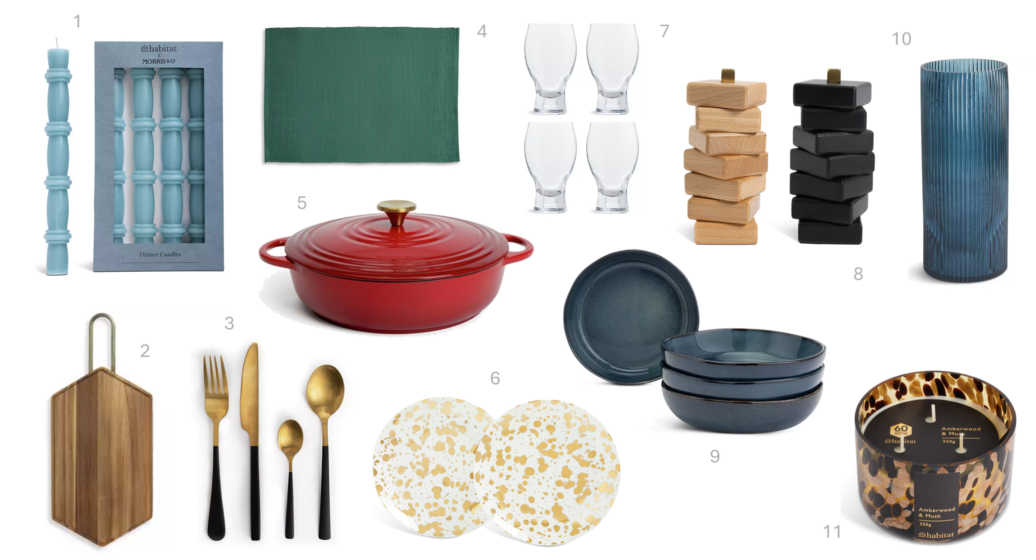 1.Habitat x Morris & Co. Dinner Candles – Unscented, £10, 2.Habitat 60 Block Acacia Wood Chopping Board, £16, 3.Habitat Two Tone 16 Piece Stainless Steel Cutlery Set, £30, 4.Habitat Green Ribbed Set of 4 Placemats, £12, 5.Habitat 4 Litre Cast Iron Casserole Dish – Red, £33.75, 6.Habitat 60 Jackson Side Plate Set of 2 - Gold, £8, 7.Habitat 60 Bebop Set of 4 Wine Glasses by Tord Boontje, £20, 8.Habitat 60 Cayan Salt And Pepper Set, £24, 9.Habitat 4 Piece Reactive Stoneware Pasta Bowls - Navy, £17, 10.Habitat Ribbed Glass Vase – Blue, £12, 11.Habitat 60 Amber Wood and Musk Multi-Wick Candle, £15