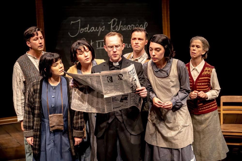 L-R: Richard Comeau, Merewyn Comeau, Brefny Caribou, Nathan Howe, John Wamsley, Grace Lamarche, Catherine Fitch. Photos by Dahlia Katz / Joanna Yu – Set Designer / Sim Suzer – Associate Set Designer / Asa Benally – Costume Designer / Barbara Morrone-Sanchez – Associate Costume Designer / Louise Guinand – Lighting Designer / Sruthi Suresan – Associate Lighting Designer