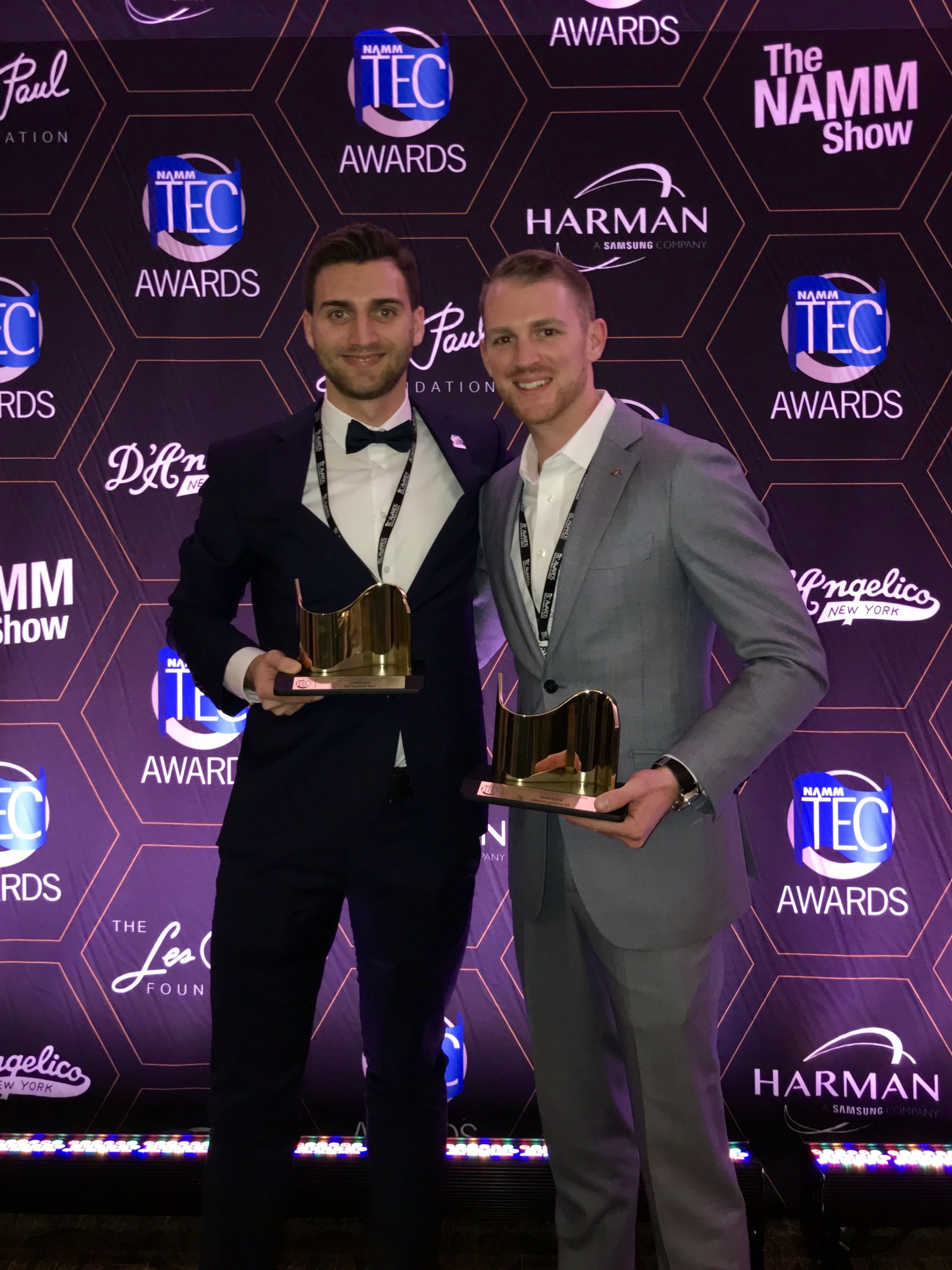 Jannik Schentek and James Capparelle receive a TEC Award for the evolution wireless G4 microphone series at NAMM 2019.