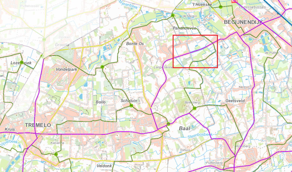 Kaart met de plaats van de werken aan nieuwe fietspaden langs de Baalsesteenweg in Begijnendijk.