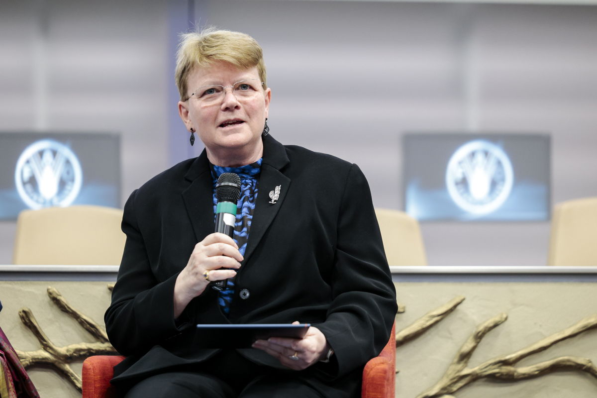 Director General of ICRISAT, Dr Jacqueline Hughes, delivers remarks at the International Year of Millets closing ceremony at the FAO headquarters in Rome, Italy.
