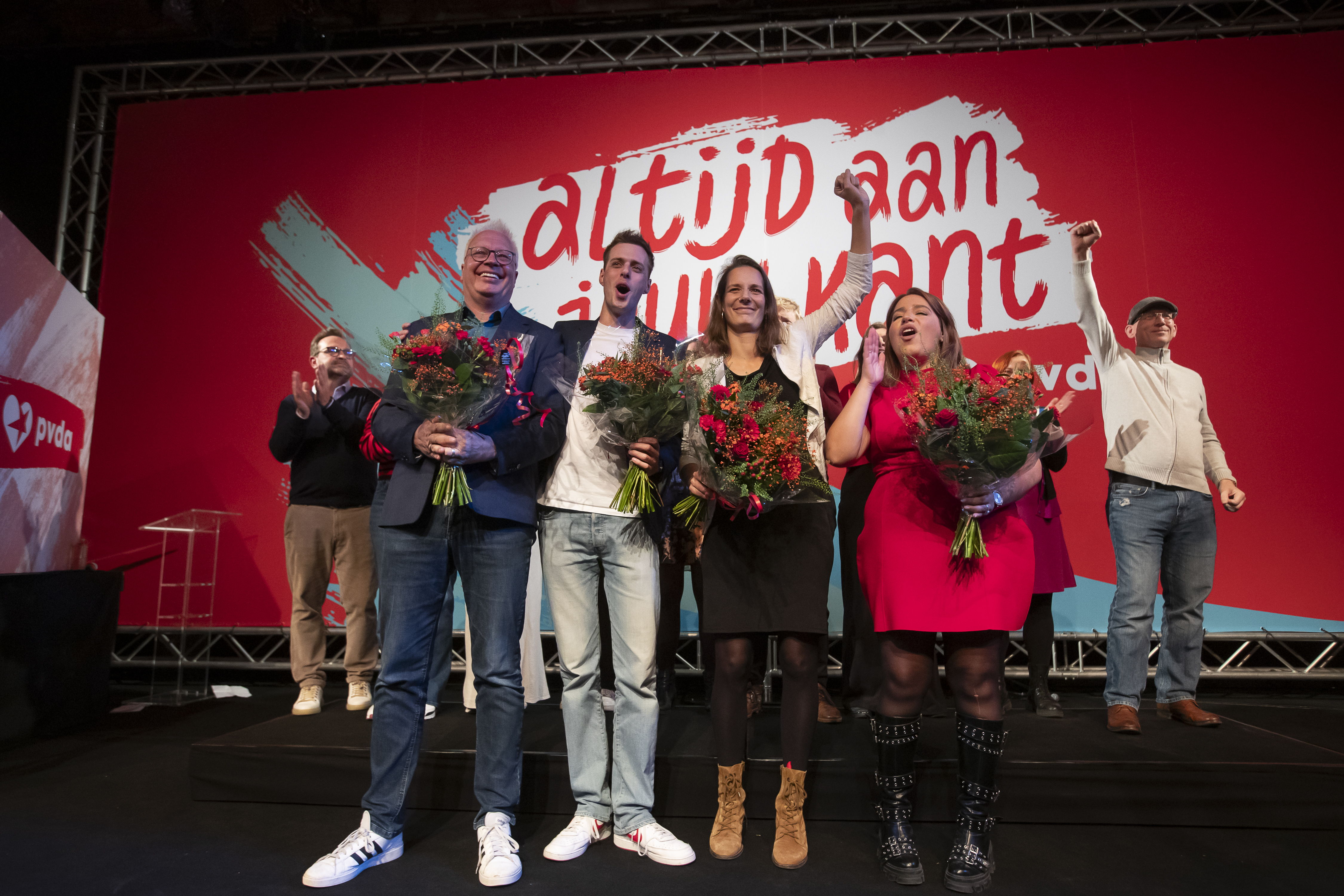 PVDA's Peter Mertens, Jos D'Haese, Anne Delespaul and Manal Toumi on the evening of the local elections,13 October 2024 © BELGA PHOTO KRISTOF VAN ACCOM