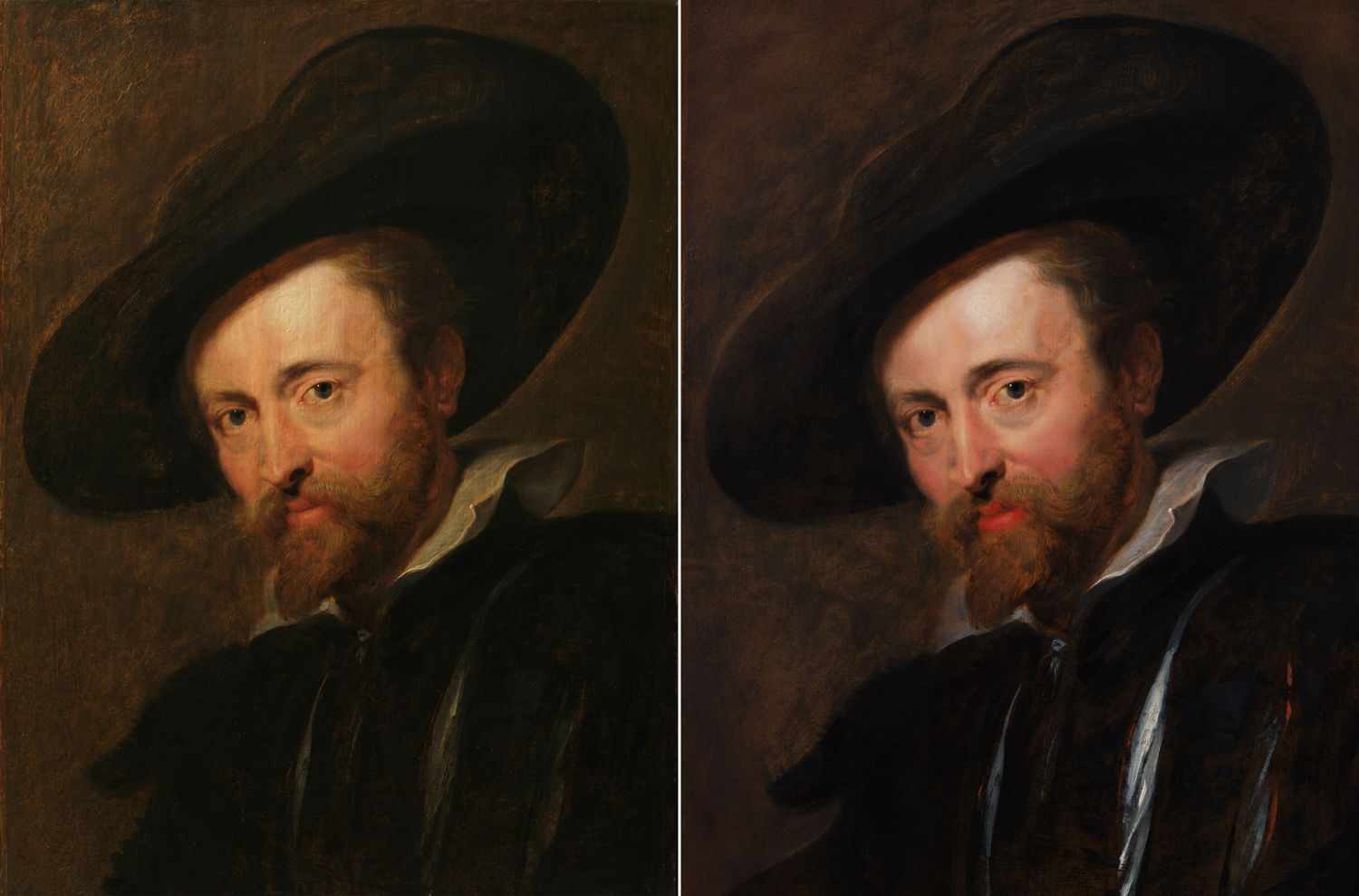 Before and after restoration, Peter Paul Rubens, Self-Portrait, photo Rubenshuis and photo KIK-IRPA Brussel