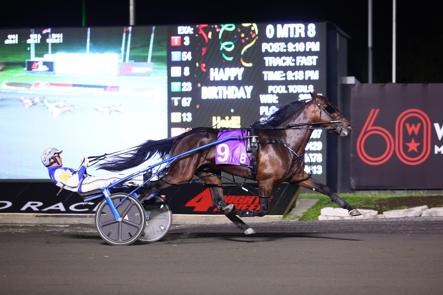 Redwood Hanover and driver James MacDonald winning race 8 on May 20, 2023 at Woodbine Mohawk Park (New Image Media)